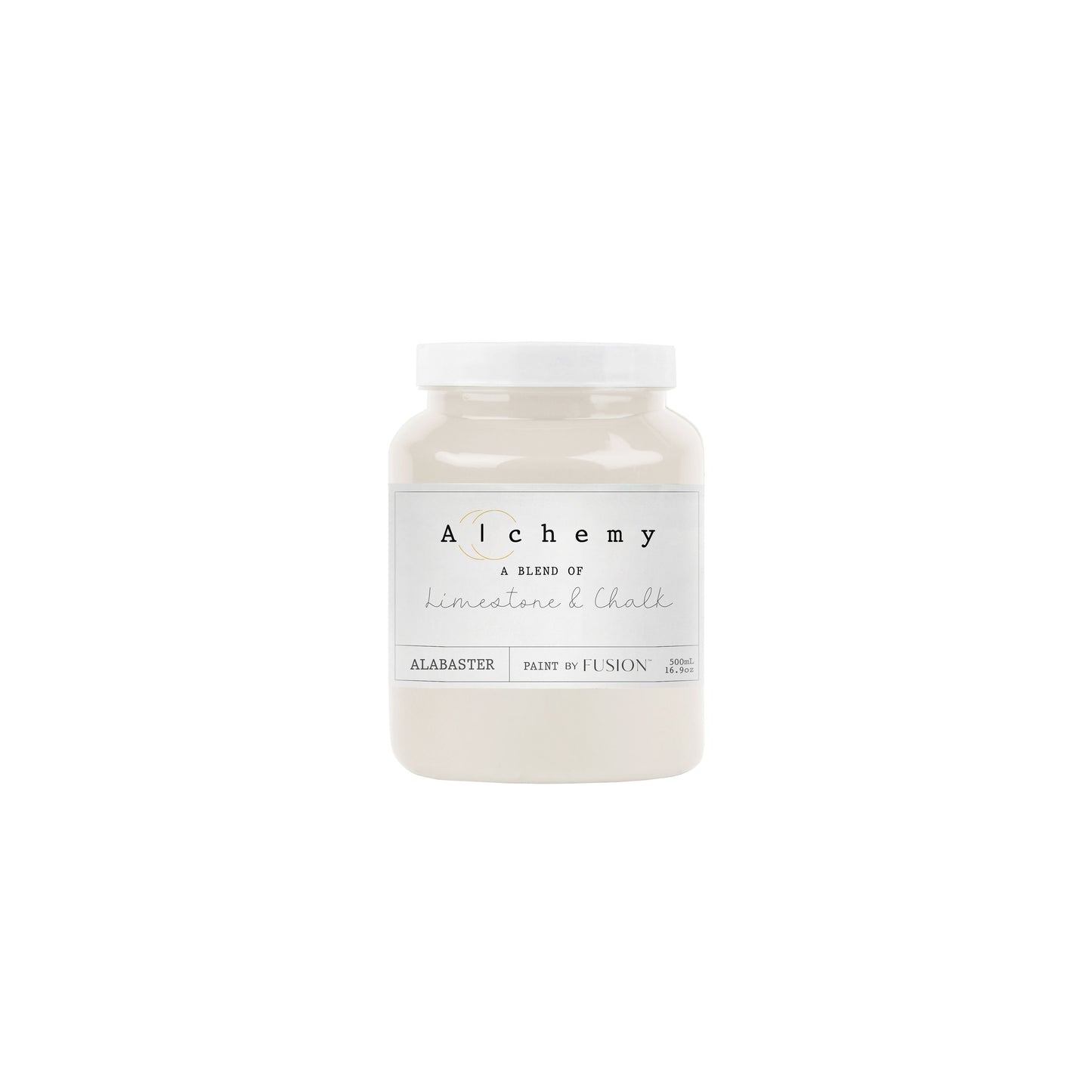 A container of Alchemy by Fusion chalk paint in the color Alabaster, with a white label on the front.