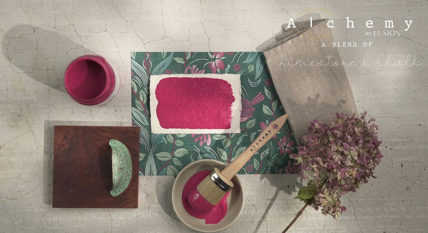 A jar of Alchemy by Fusion chalk paint in Raspberry color.