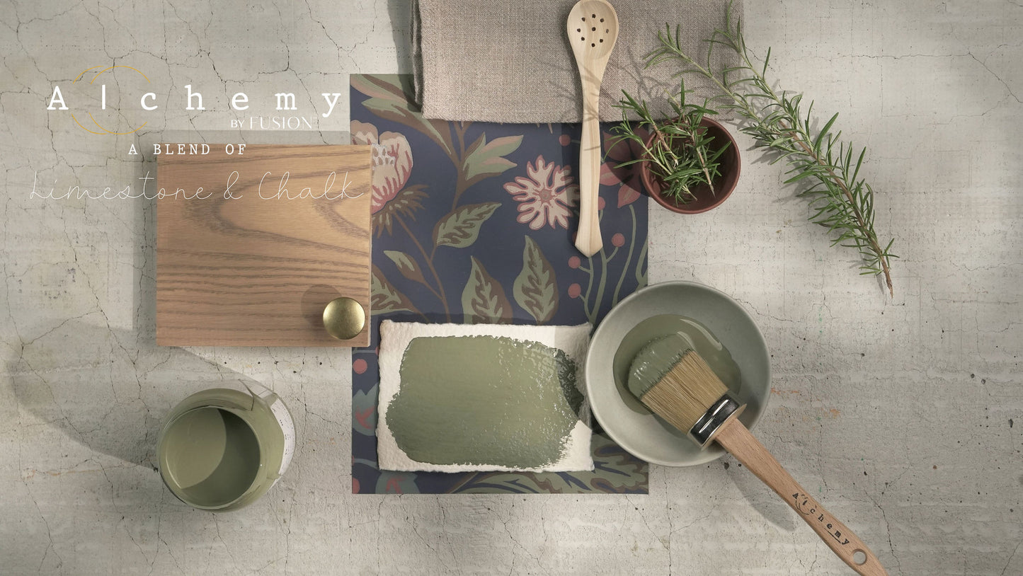 A jar of Alchemy by Fusion chalk paint in a rosemary green color, with a white label on the front.