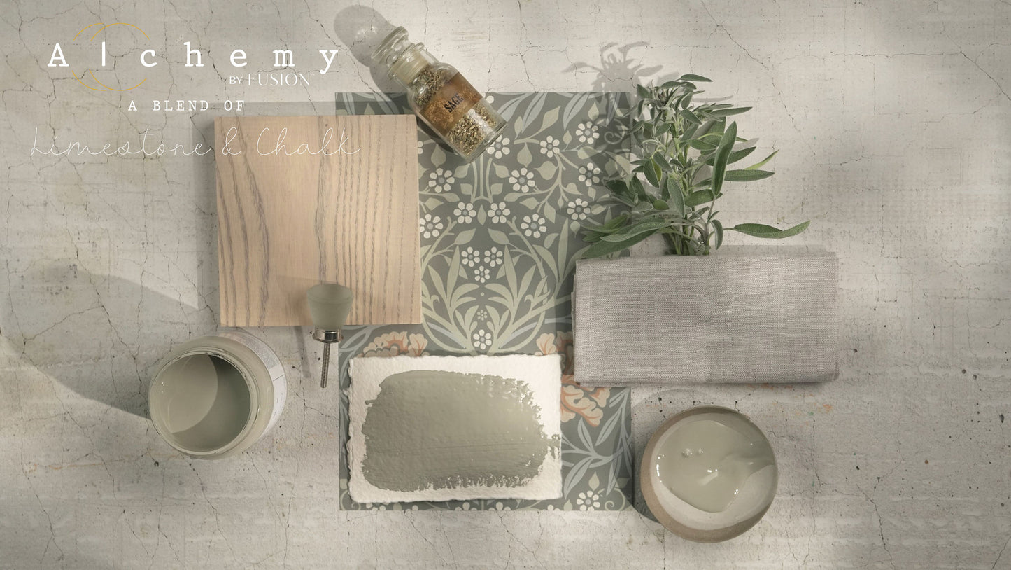 A jar of Alchemy by Fusion chalk paint in sage color, with a white label on the front.