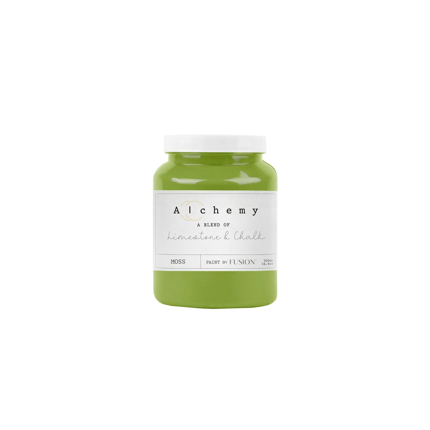 A jar of Alchemy by Fusion chalk paint in a chartreuse color, with a white label.