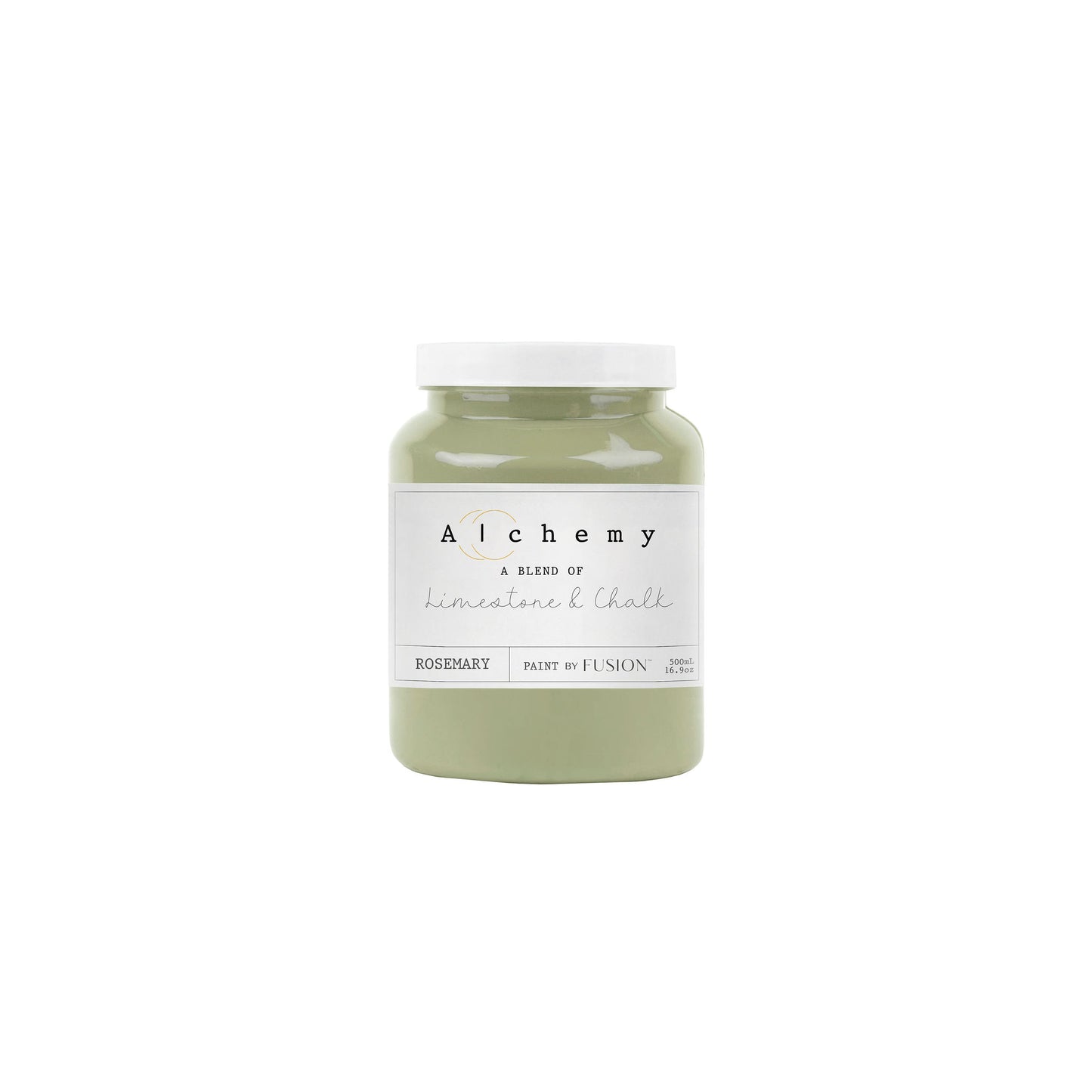 A jar of Alchemy by Fusion chalk paint in a rosemary green color, with a white label on the front.