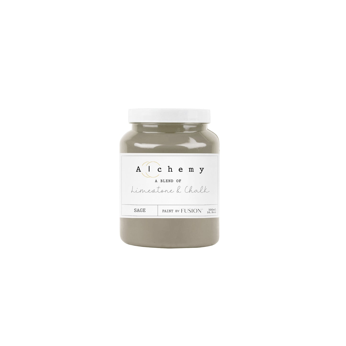 A jar of Alchemy by Fusion chalk paint in sage color, with a white label on the front.