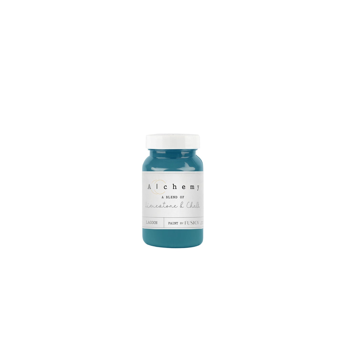 A jar of Alchemy by Fusion chalk paint in a lagoon color, which is a blend of green and blue.