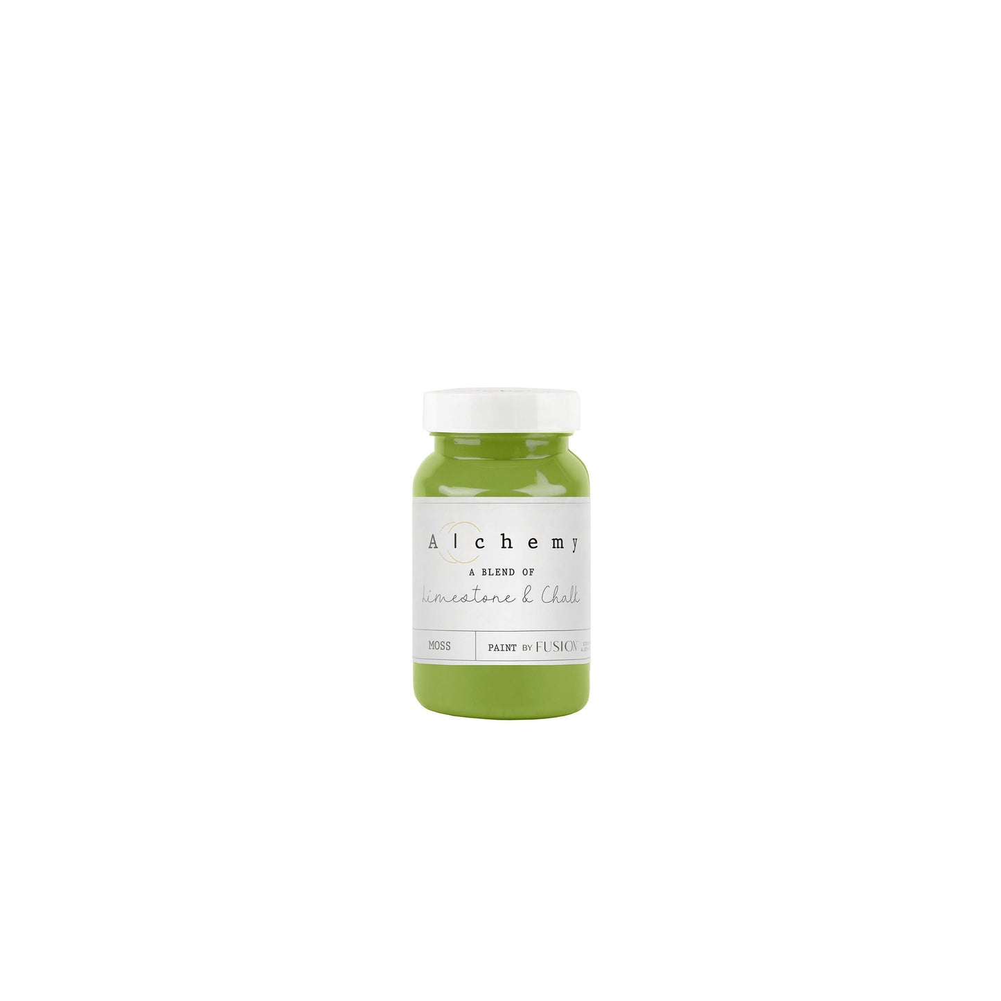 A jar of Alchemy by Fusion chalk paint in a chartreuse color, with a white label.