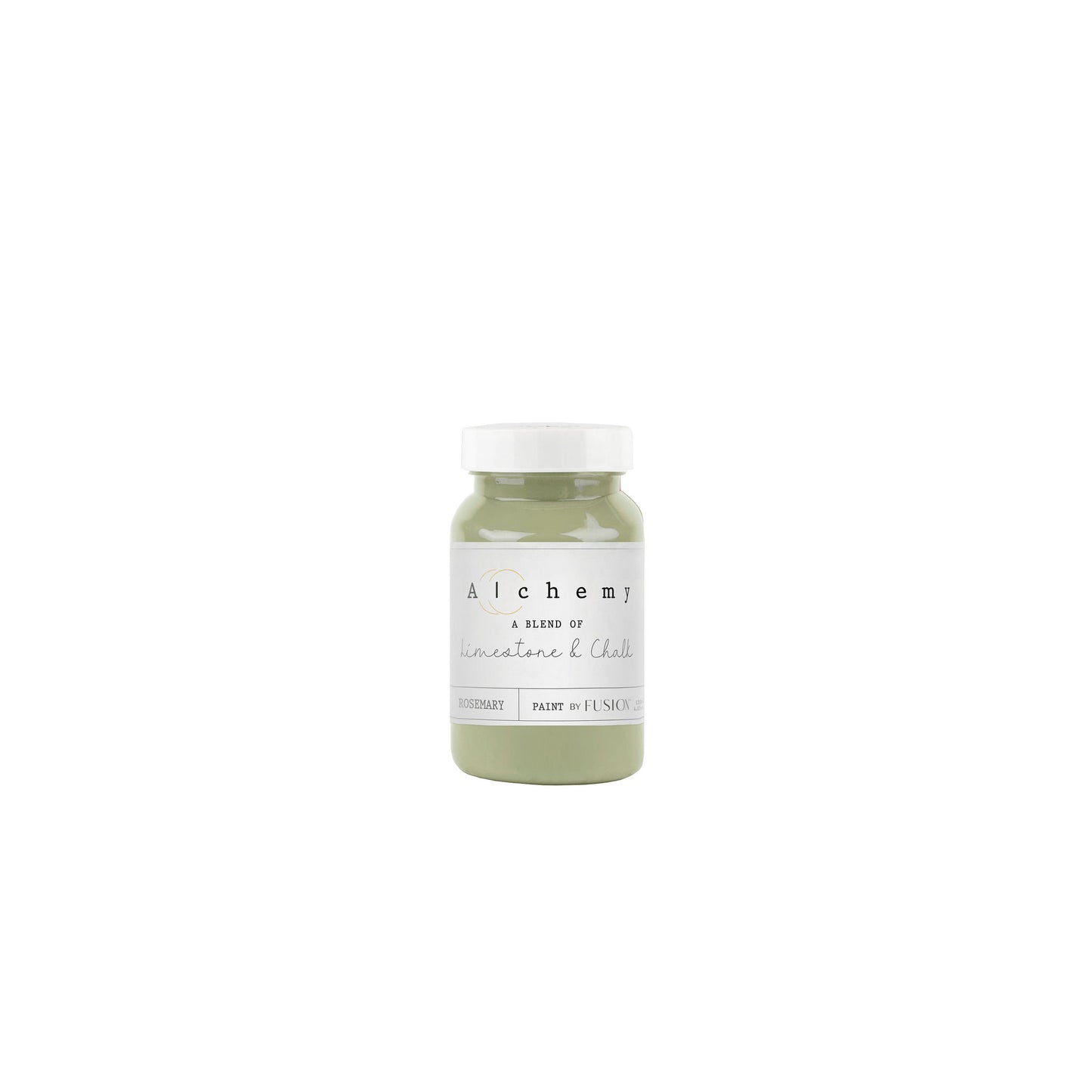 A jar of Alchemy by Fusion chalk paint in a rosemary green color, with a white label on the front.