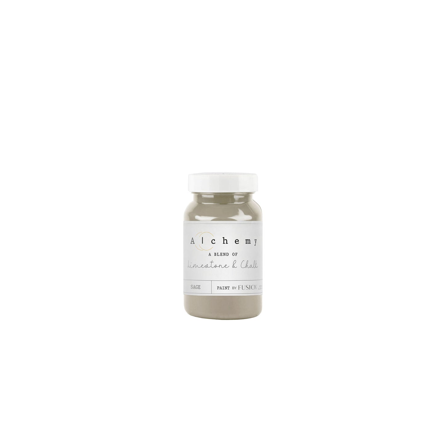 A jar of Alchemy by Fusion chalk paint in sage color, with a white label on the front.
