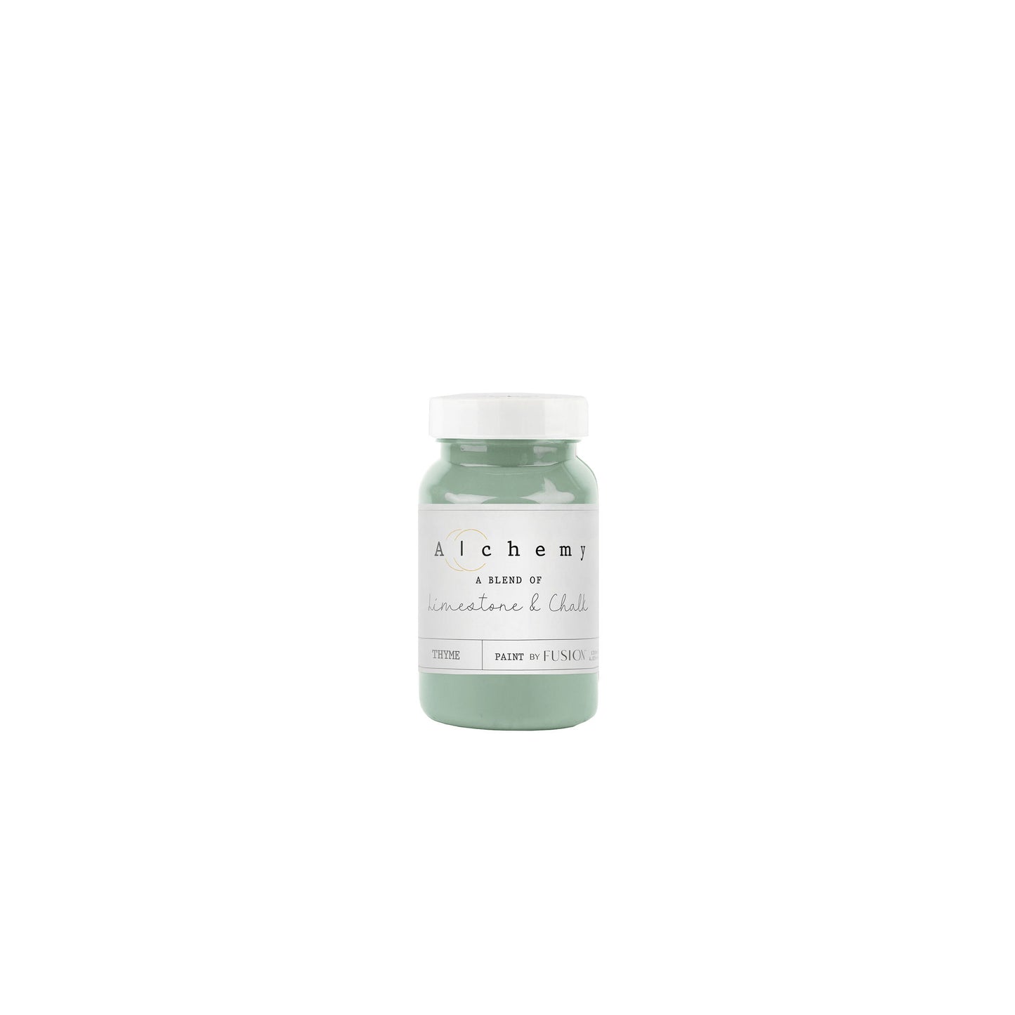 A jar of Alchemy by Fusion chalk paint in a thyme green color, with a white lid and a label that includes the product name and the color 'Thyme'.