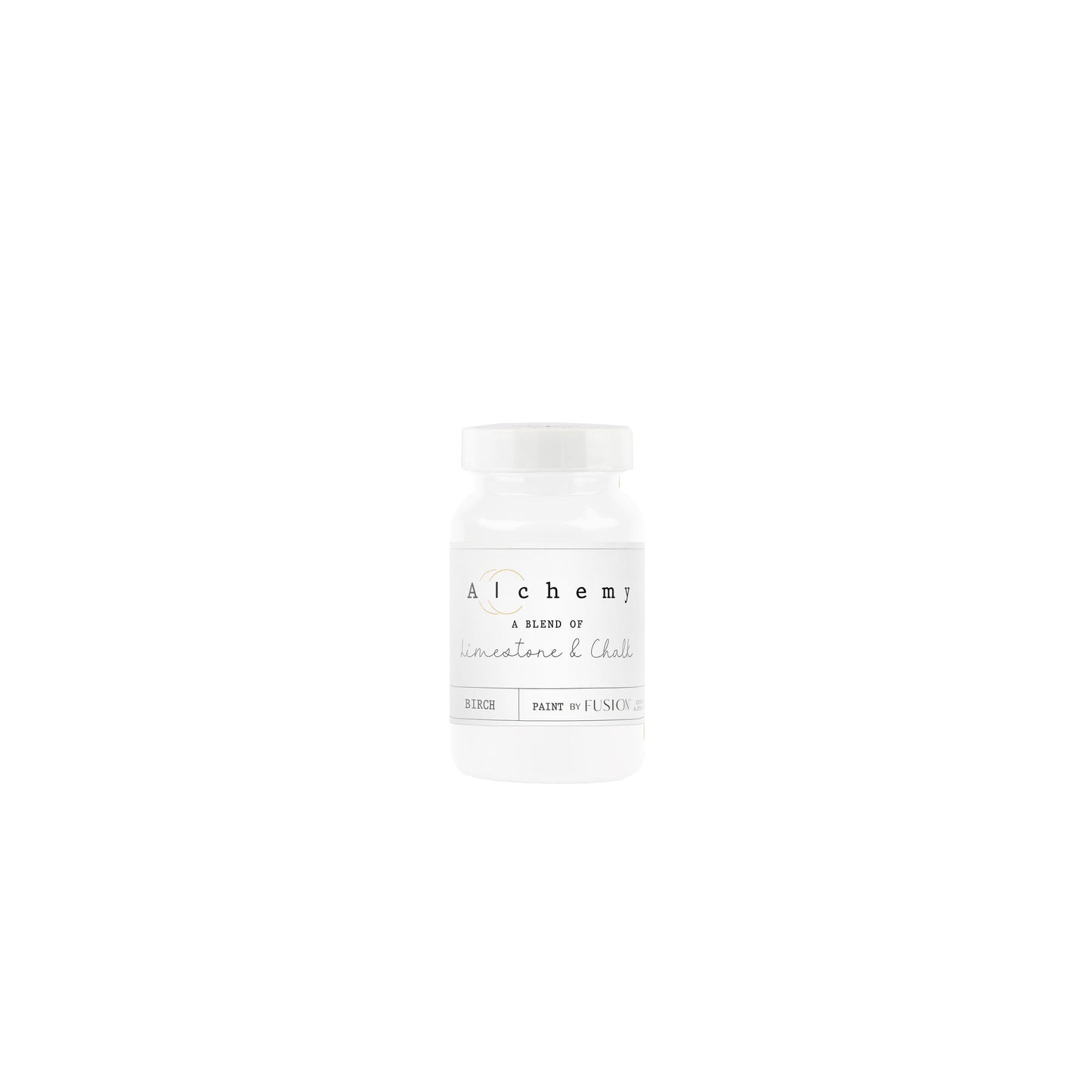 A container of 'Alchemy by Fusion' chalk paint in an off-white color with a label that includes the brand name and product line.