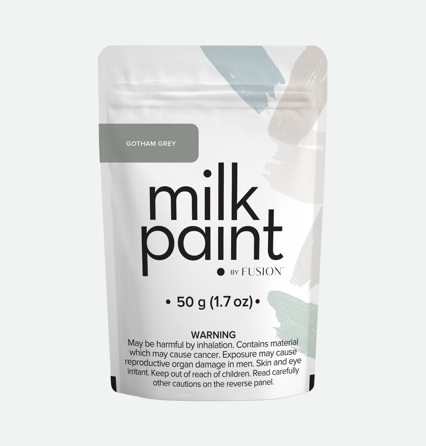Packaging of milk paint by Fusion in Gotham Grey on a white background
