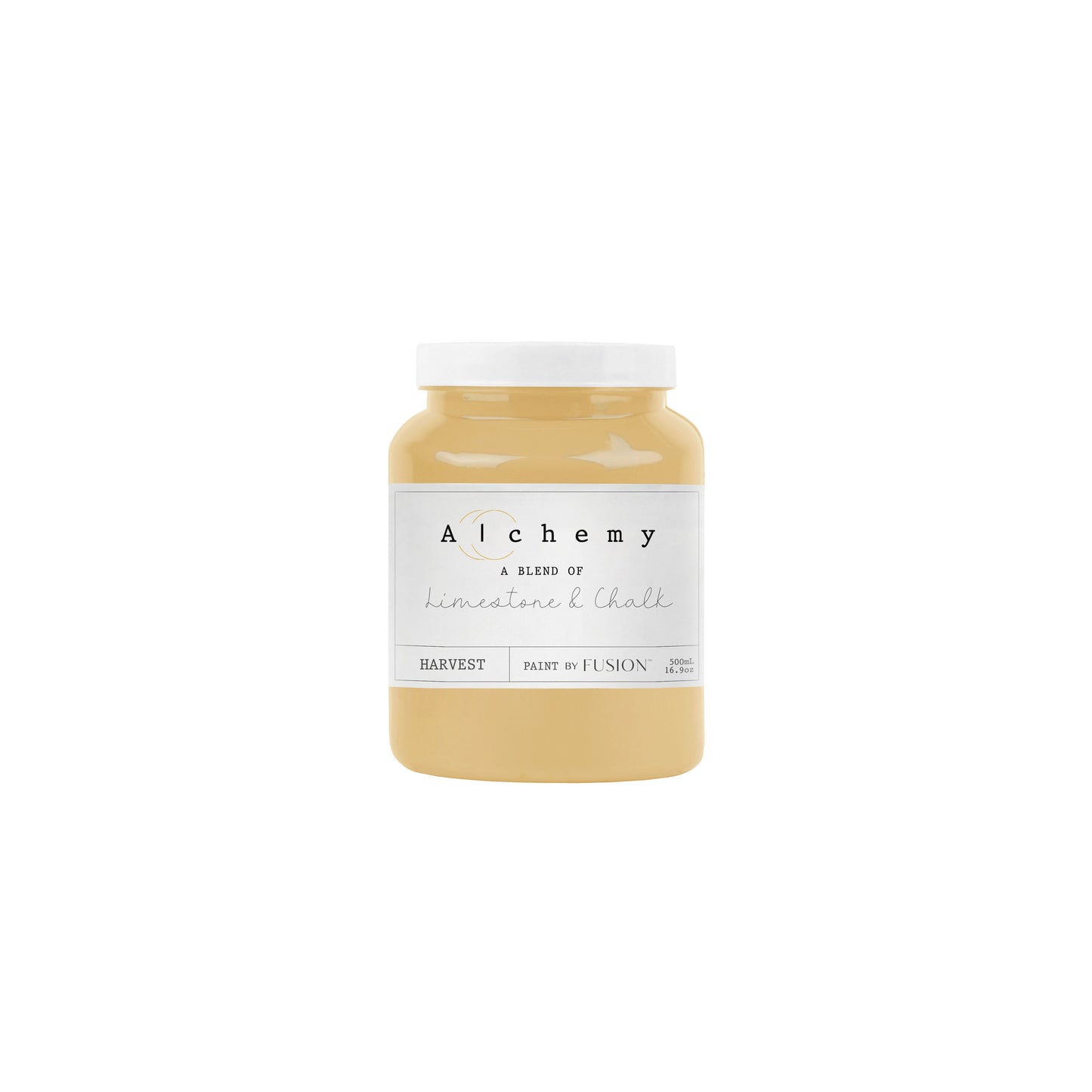 A jar of Alchemy by Fusion Harvest chalk paint in antique yellow color.