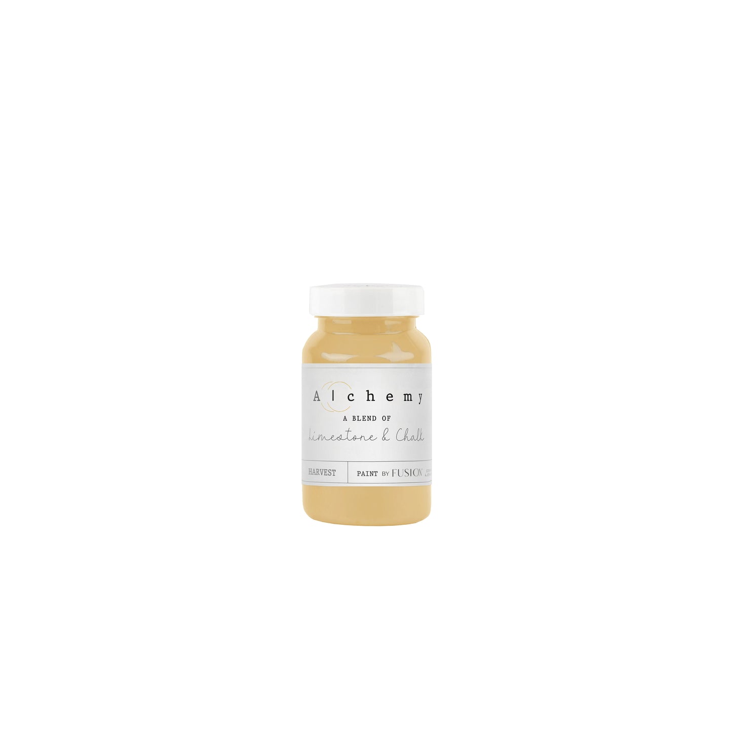 A jar of Alchemy by Fusion Harvest chalk paint in antique yellow color.