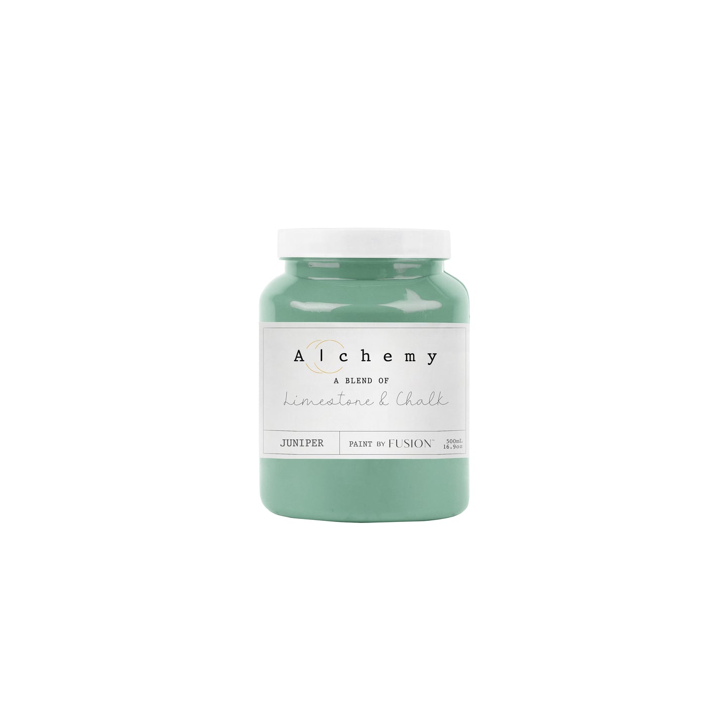 A jar of Alchemy by Fusion chalk paint in a mid-tone green color with blue undertones, labeled 'Juniper'.