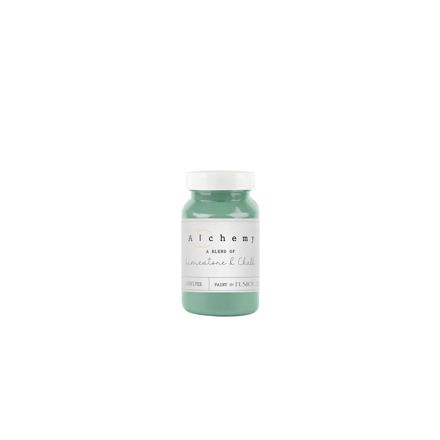 A jar of Alchemy by Fusion chalk paint in a mid-tone green color with blue undertones, labeled 'Juniper'.