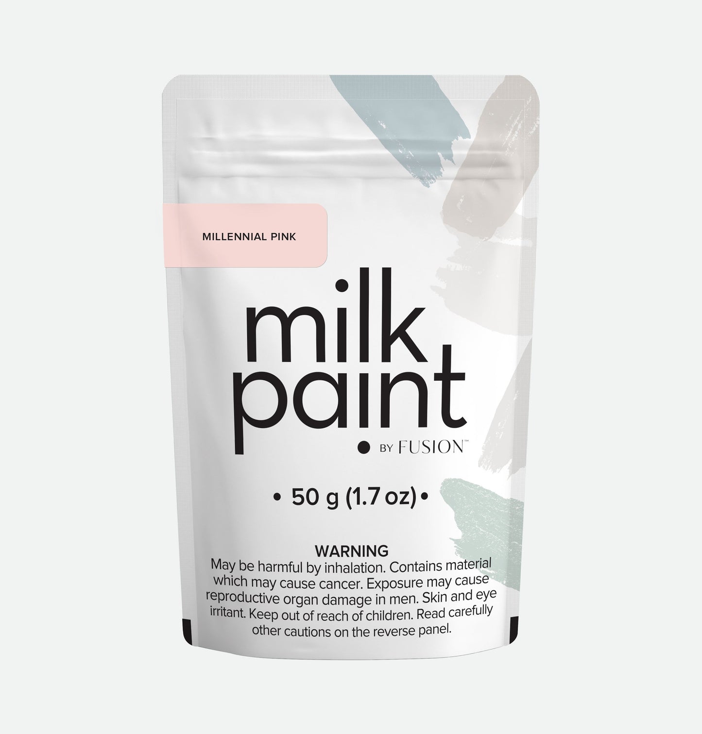Packaging of milk paint by Fusion with millennial pink label on a white background