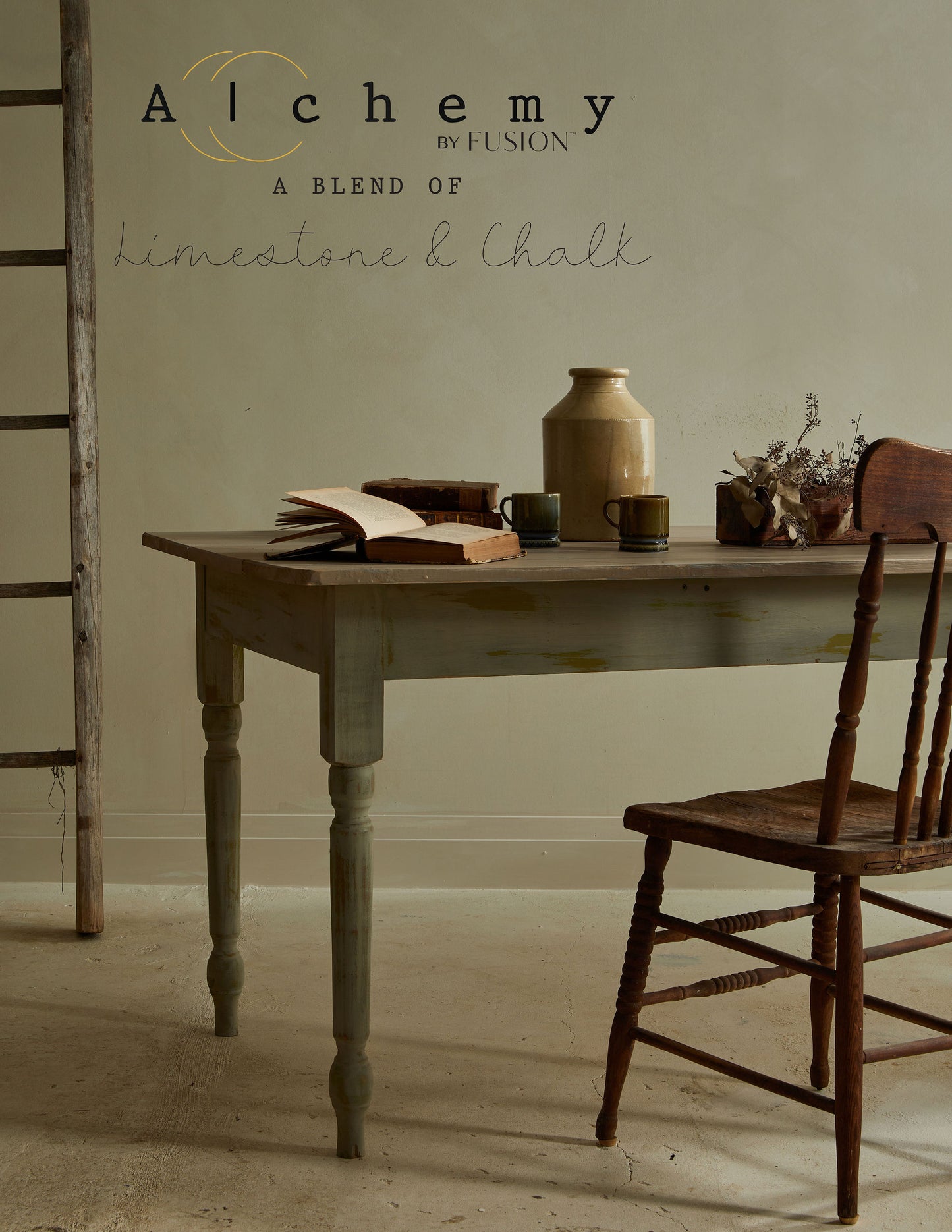 A jar of Alchemy by Fusion chalk paint in a chartreuse color, with a white label.