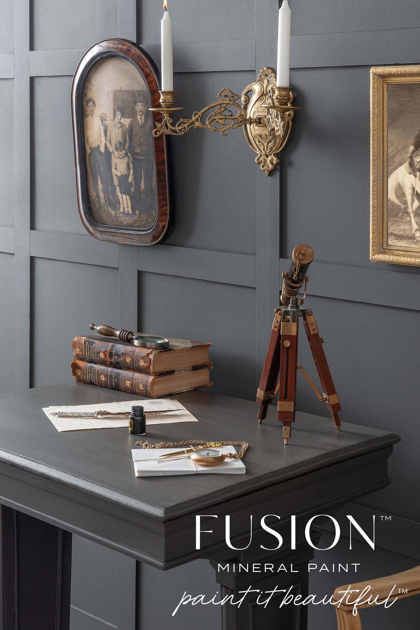 Gray wall with decorative items and Fusion Mineral Paint logo