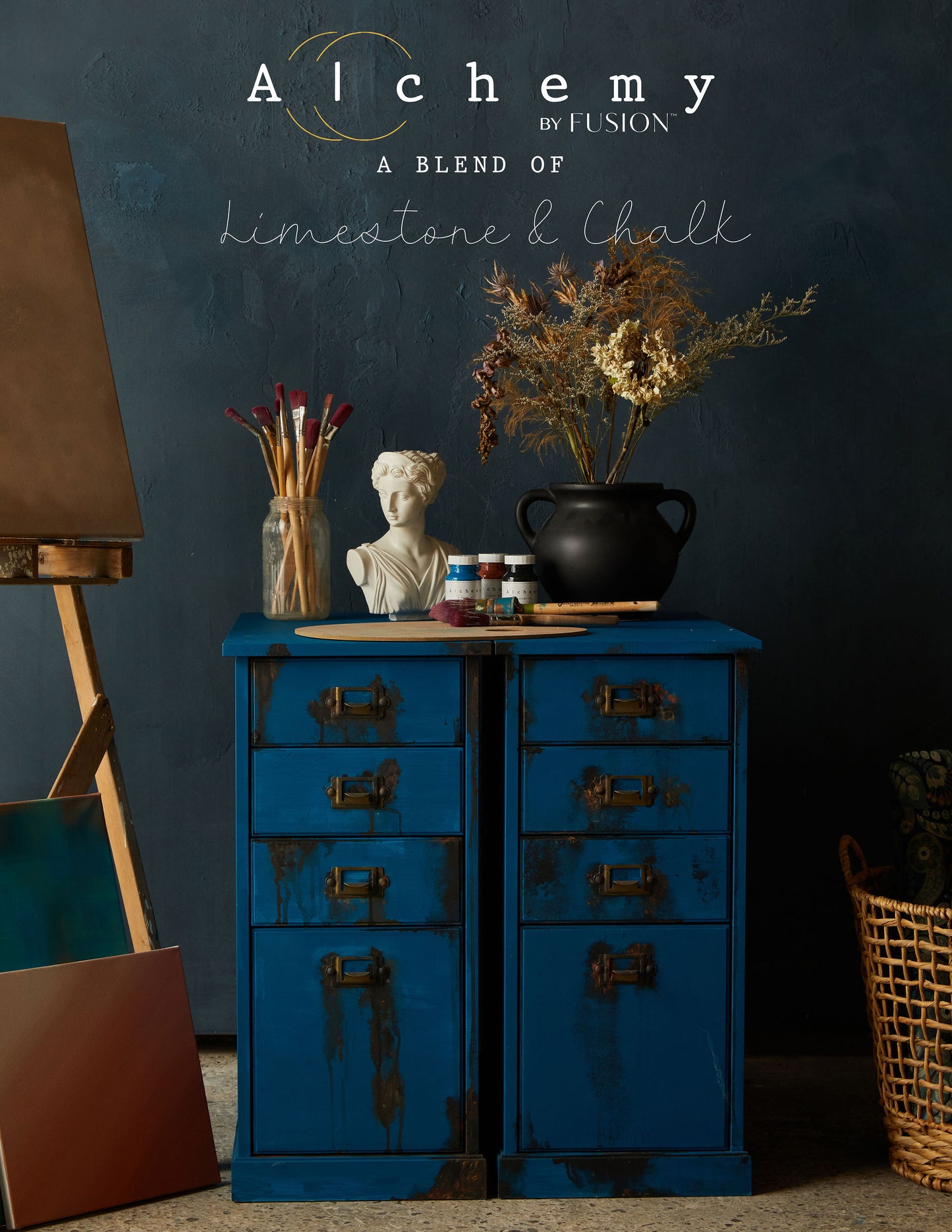 A jar of Alchemy by Fusion chalk paint in blue color, labeled Ocean.