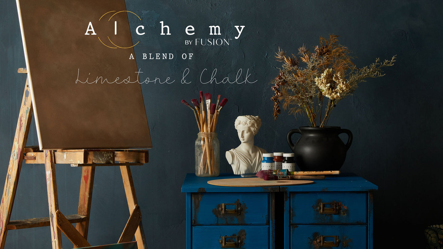 A jar of Alchemy by Fusion chalk paint in blue color, labeled Ocean.