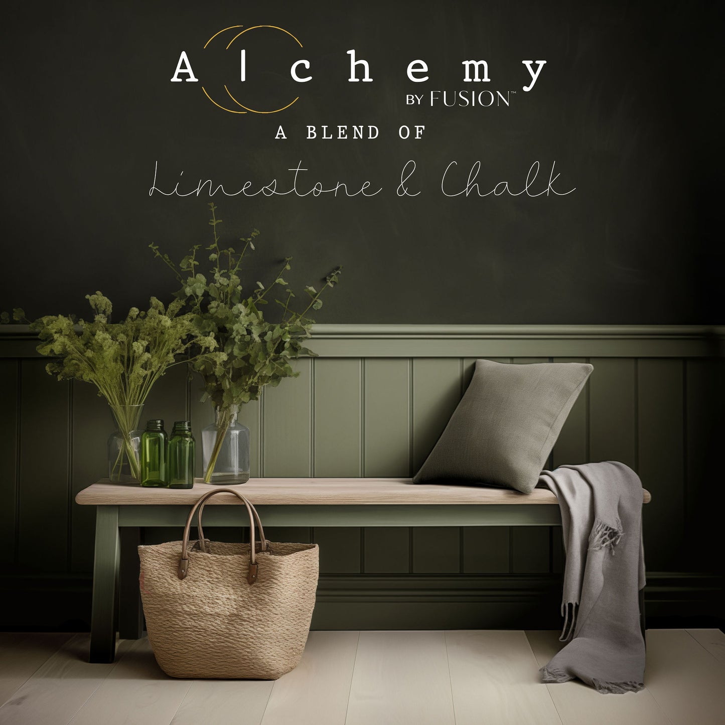 A jar of Alchemy by Fusion chalk paint in a rosemary green color, with a white label on the front.