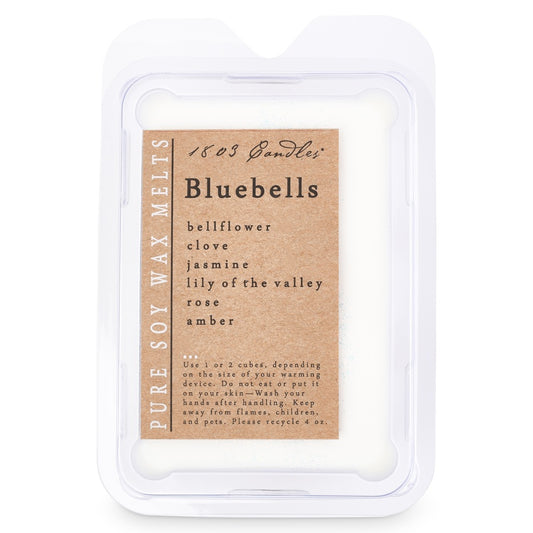 Container of Pure Soy Wax Melts with 'Bluebells' fragrance on a white background