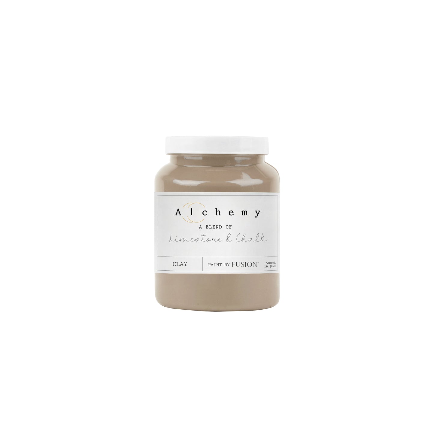 A jar of Alchemy by Fusion Clay paint in a deep taupe color with warm, grey tones.