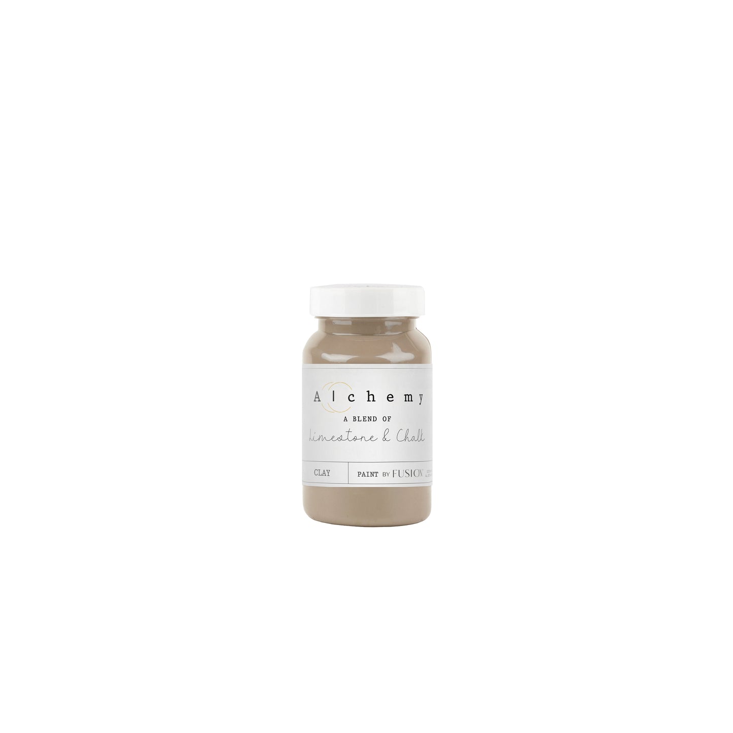 A jar of Alchemy by Fusion Clay paint in a deep taupe color with warm, grey tones.