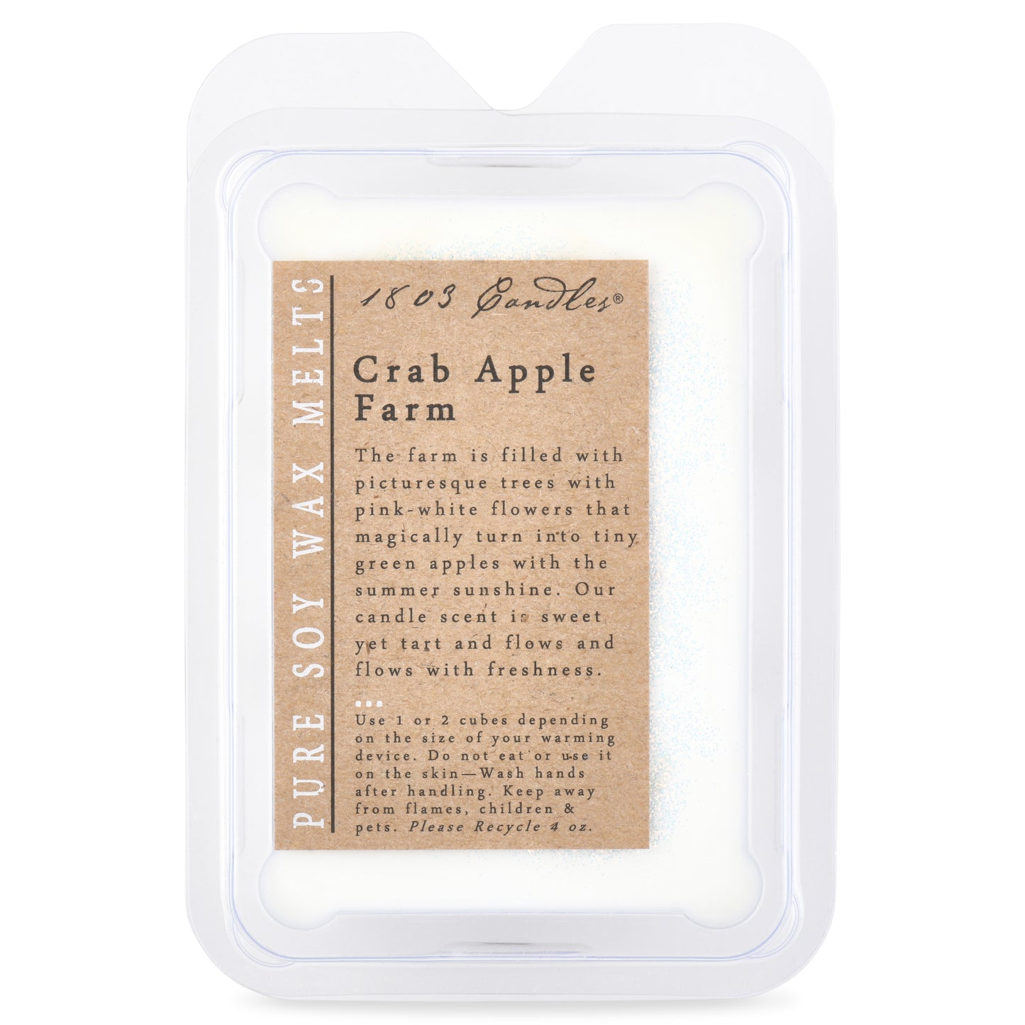 Pure soy wax melt packaging with 'Crab Apple Farm' label on a white background