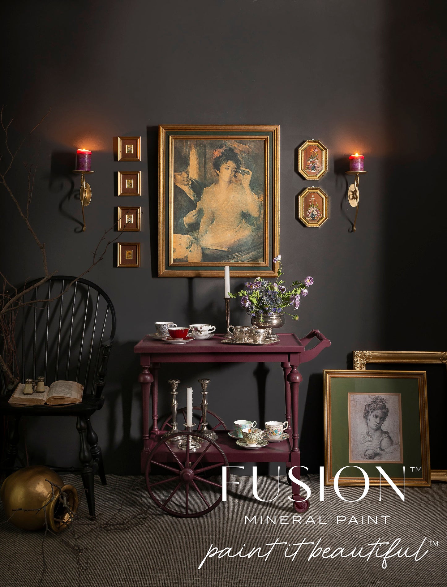 Dark room with vintage decor, including a framed painting and Fusion Mineral Paint logo.