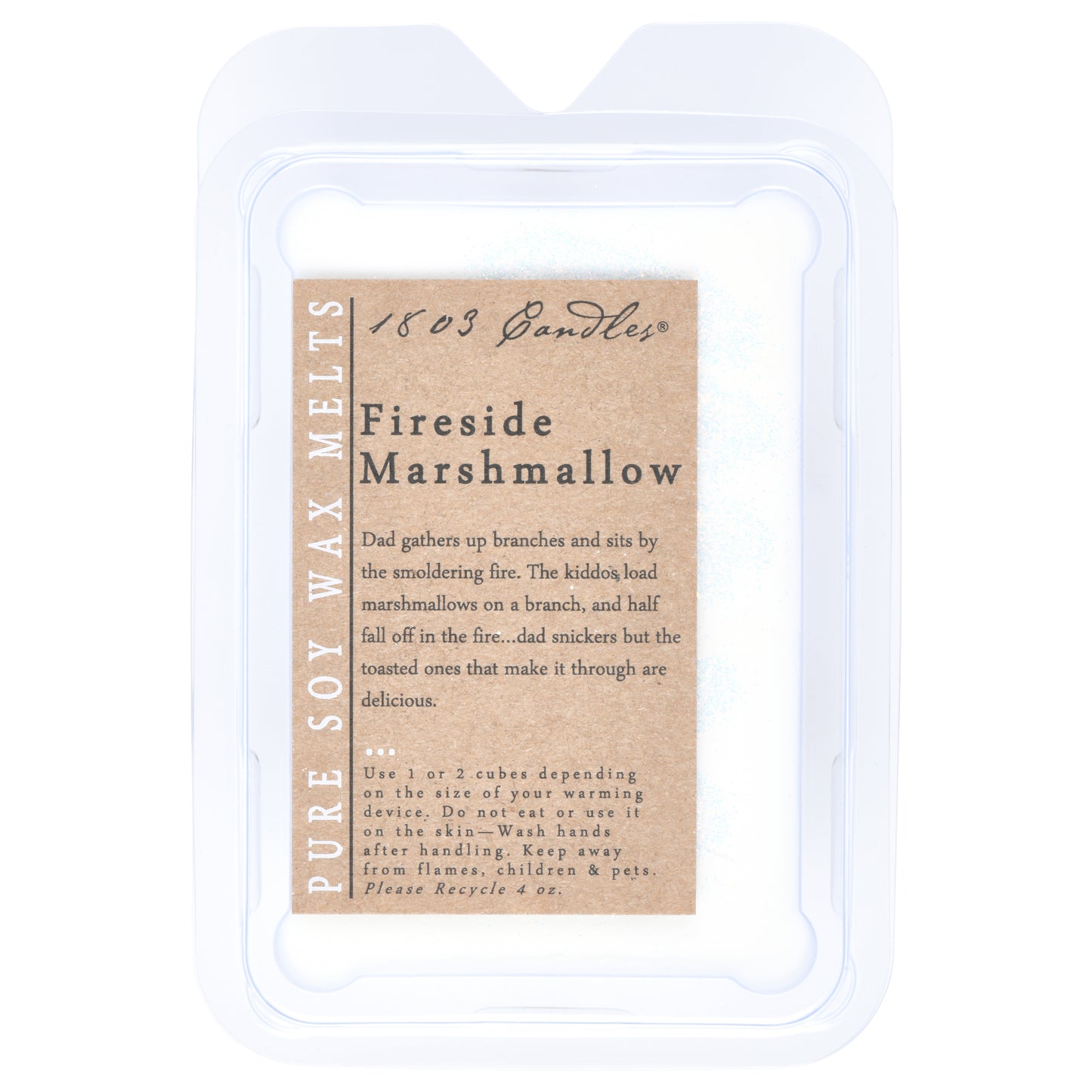 Wax melt package labeled 'Fireside Marshmallow' by 1803 Candles on a white background.