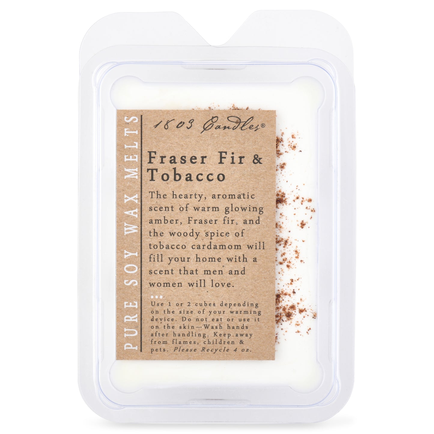 Fraser Fir & Tobacco wax melt packaging with text on a white background