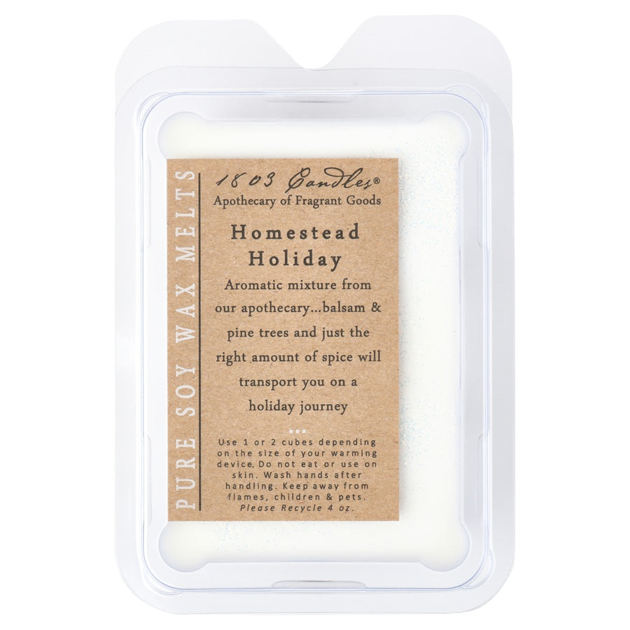 Homestead Holiday wax melt packaging with text on a white background