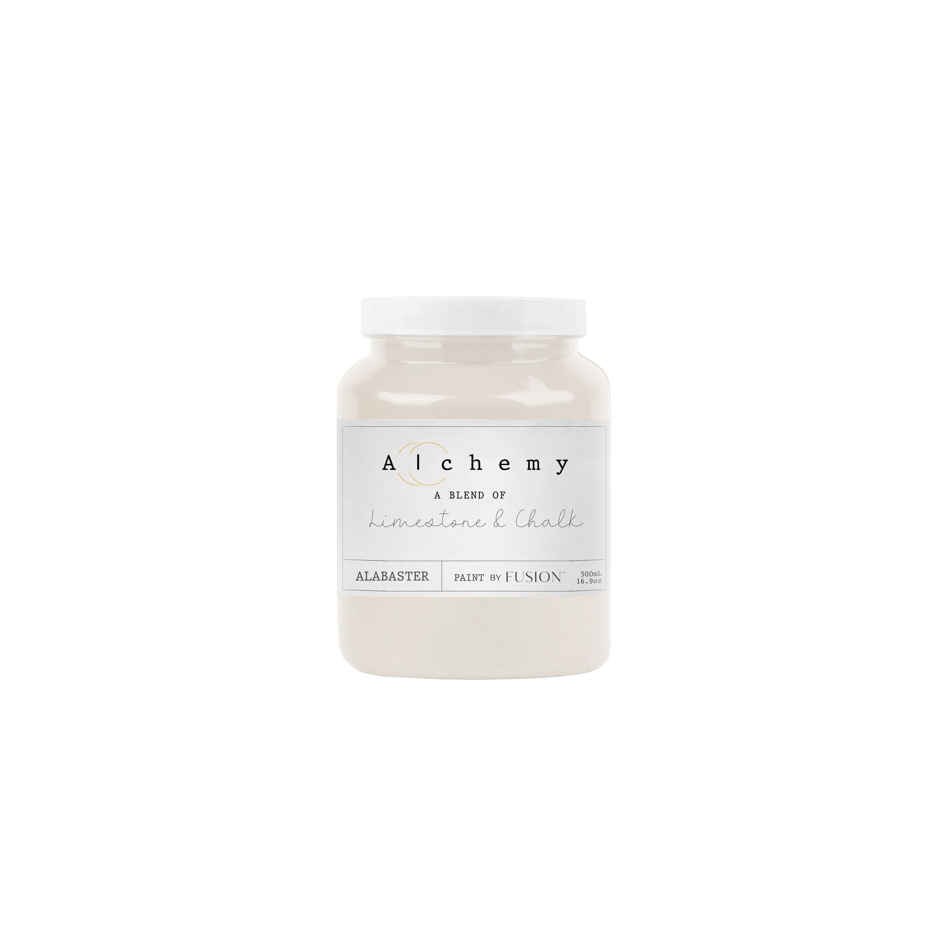 A container of Alchemy by Fusion chalk paint in the color Alabaster, with a white label on the front.