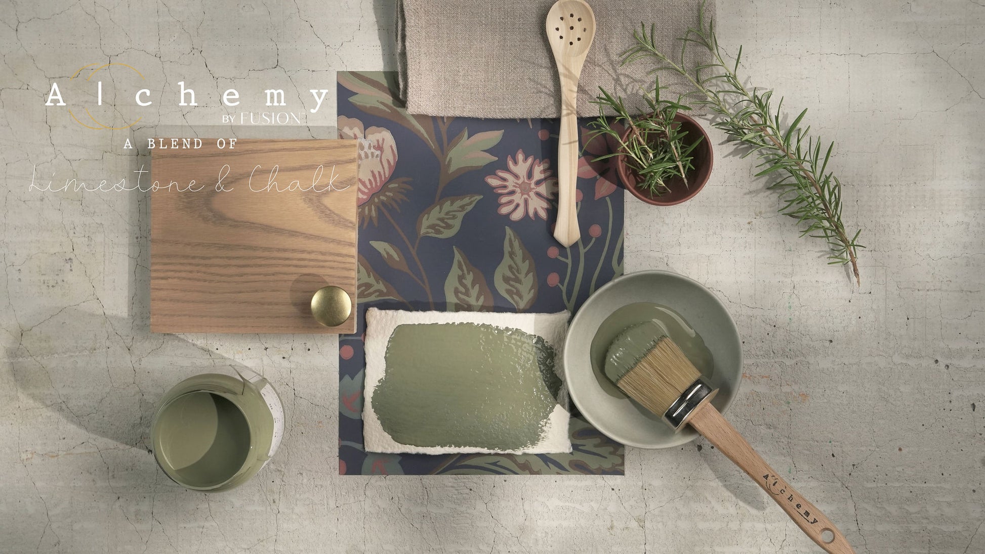 A jar of Alchemy by Fusion chalk paint in a rosemary green color, with a white label on the front.