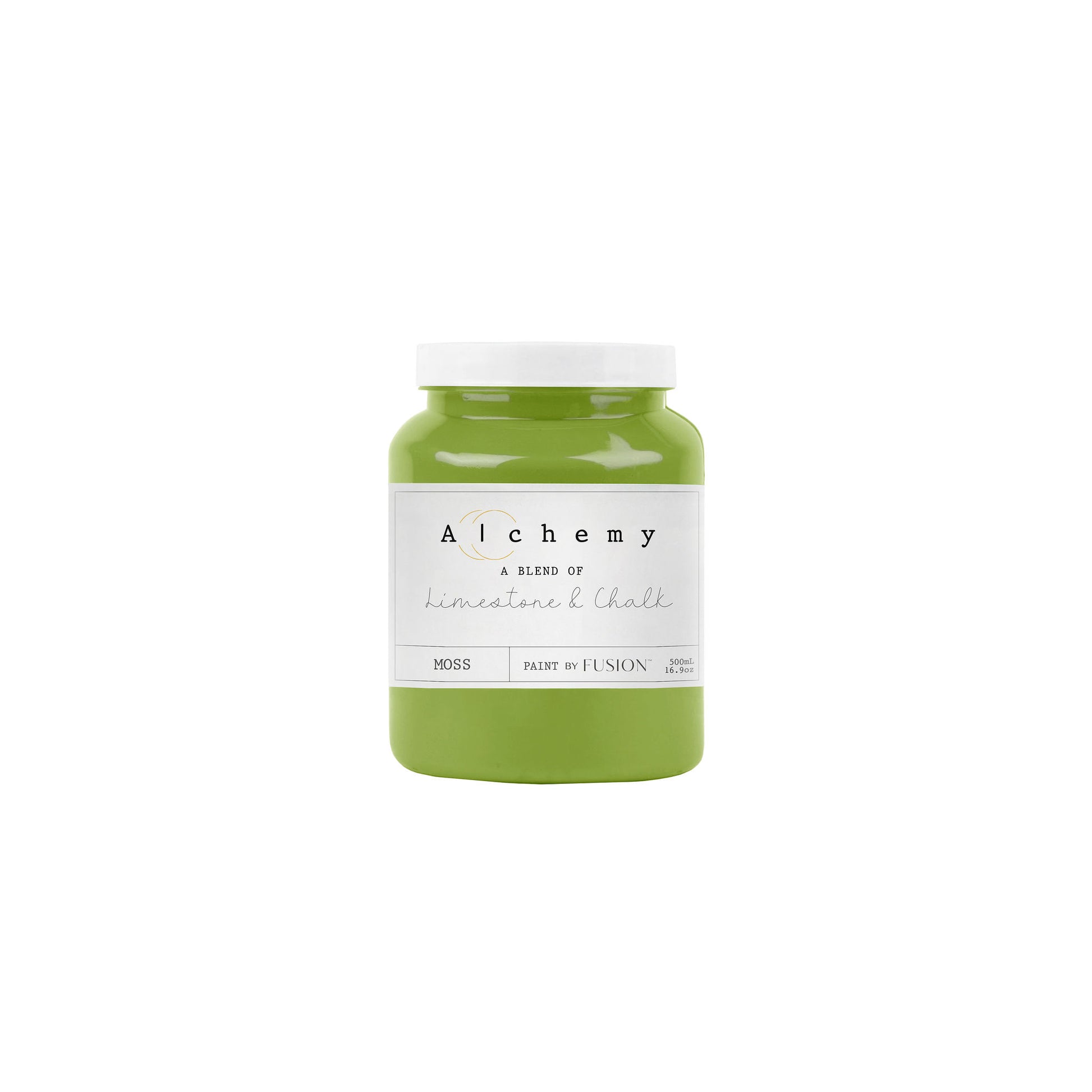 A jar of Alchemy by Fusion chalk paint in a chartreuse color, with a white label.