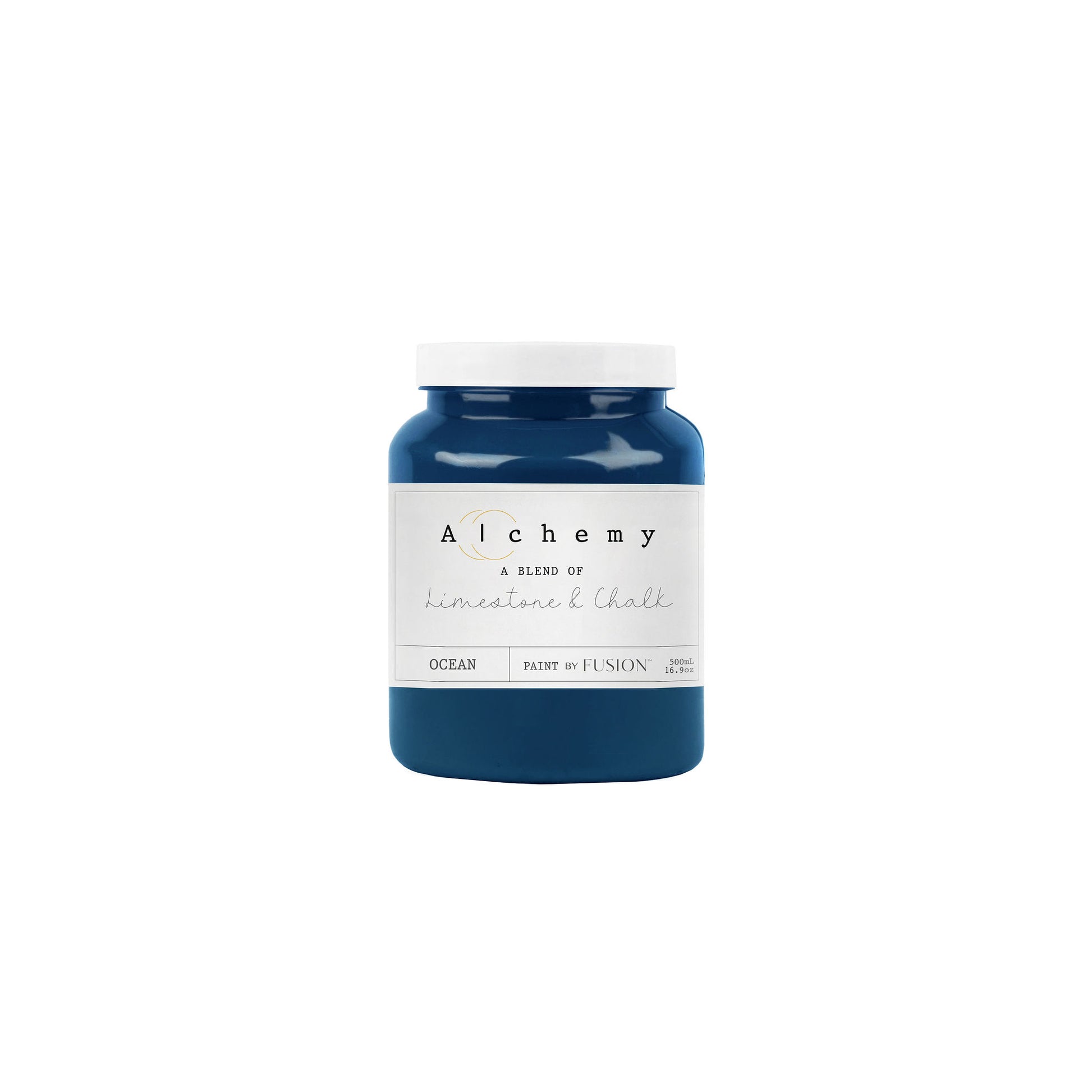 A jar of Alchemy by Fusion chalk paint in blue color, labeled Ocean.