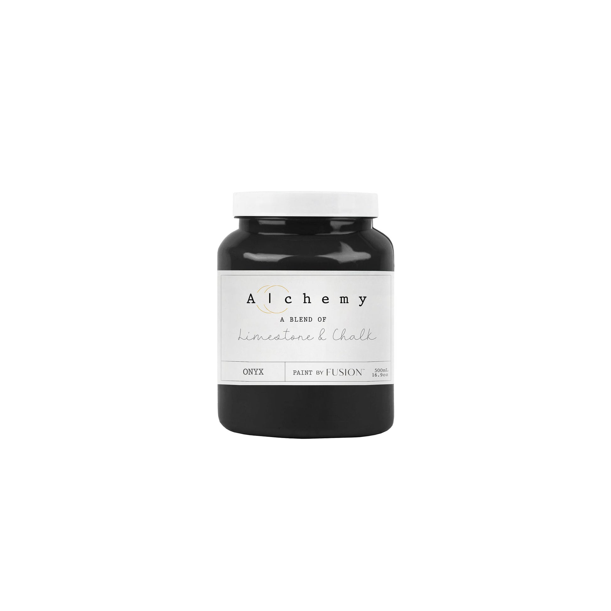 A jar of Alchemy by Fusion chalk paint in black color, with a white label.