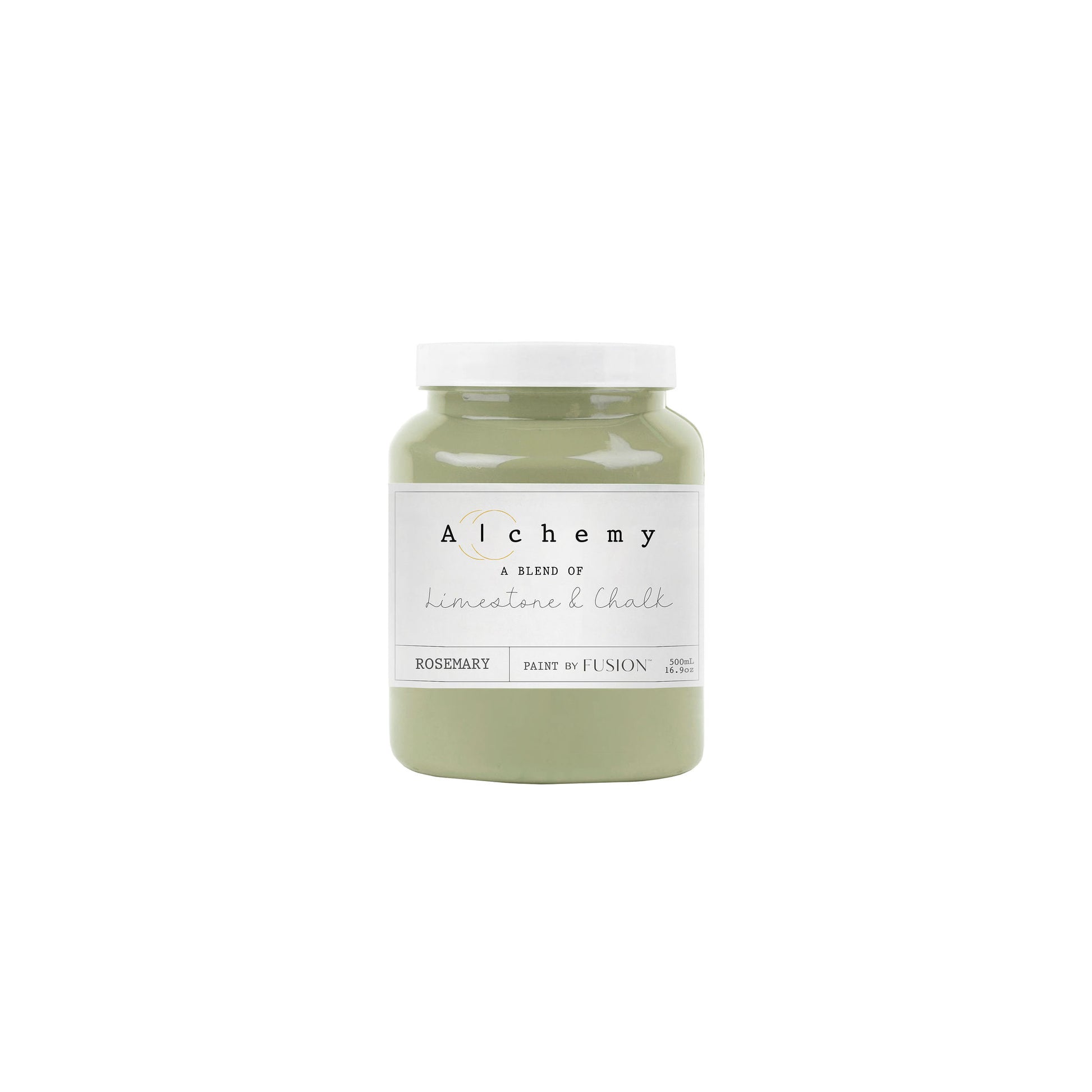 A jar of Alchemy by Fusion chalk paint in a rosemary green color, with a white label on the front.