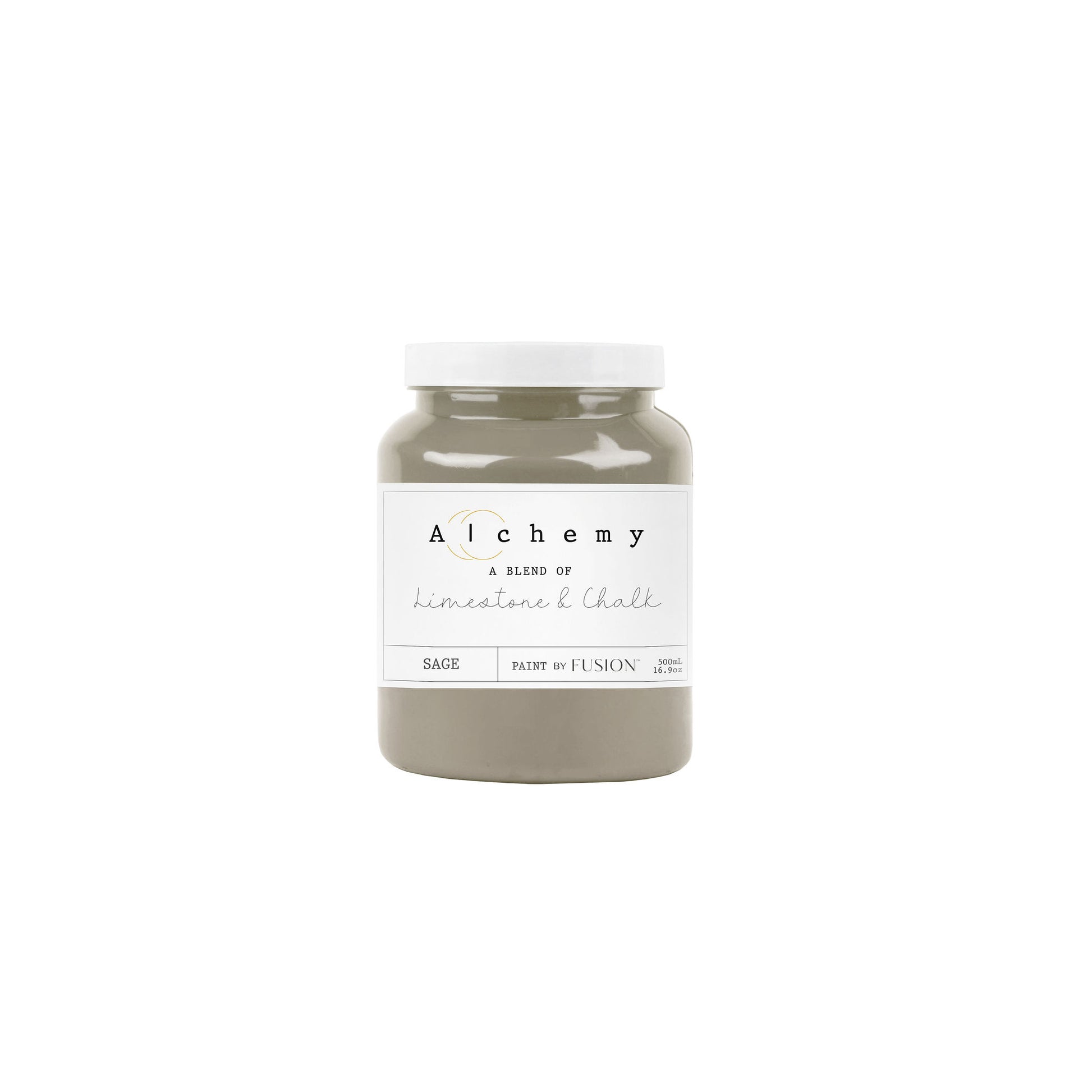 A jar of Alchemy by Fusion chalk paint in sage color, with a white label on the front.
