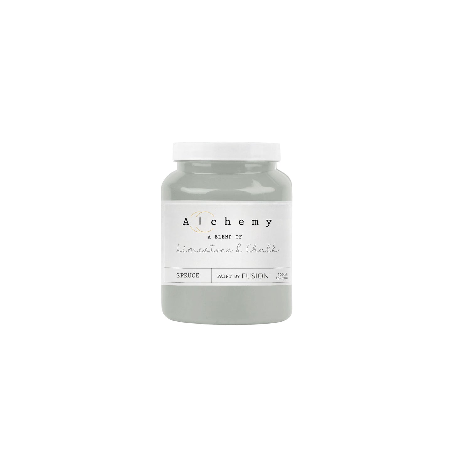 A jar of Alchemy by Fusion chalk paint in a gray color, with a label that includes the product name and the brand's logo.