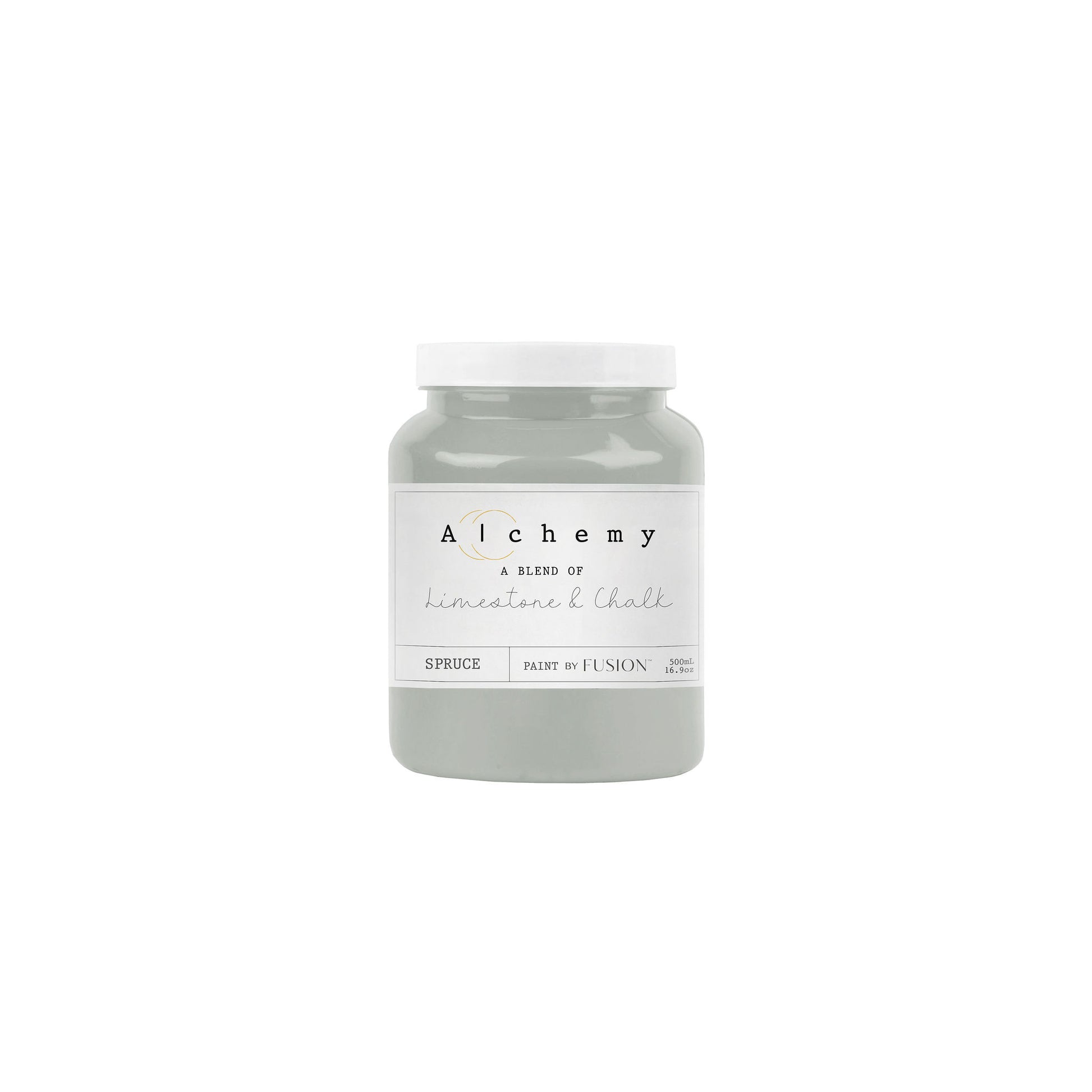 A jar of Alchemy by Fusion chalk paint in a gray color, with a label that includes the product name and the brand's logo.