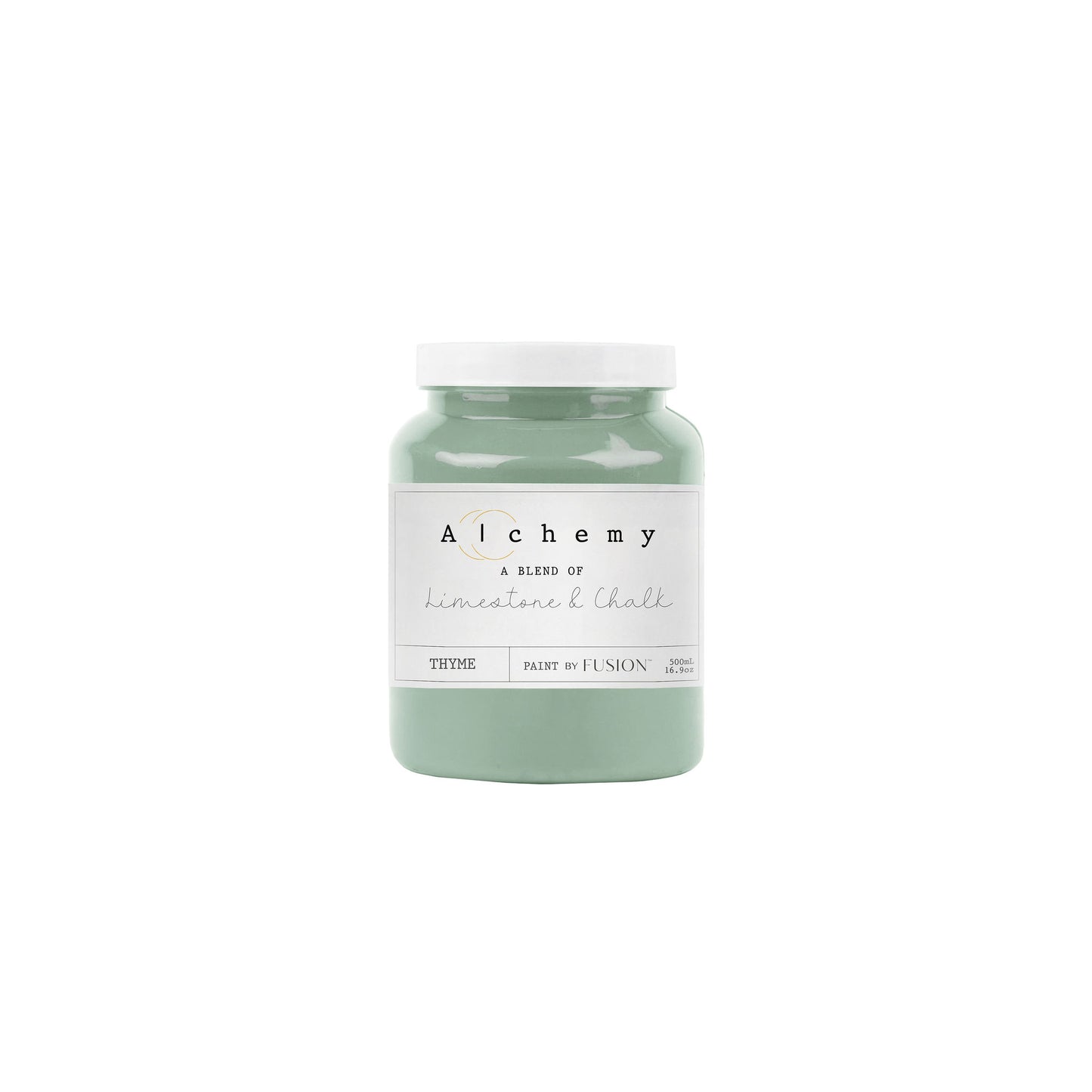 A jar of Alchemy by Fusion chalk paint in a thyme green color, with a white lid and a label that includes the product name and the color 'Thyme'.