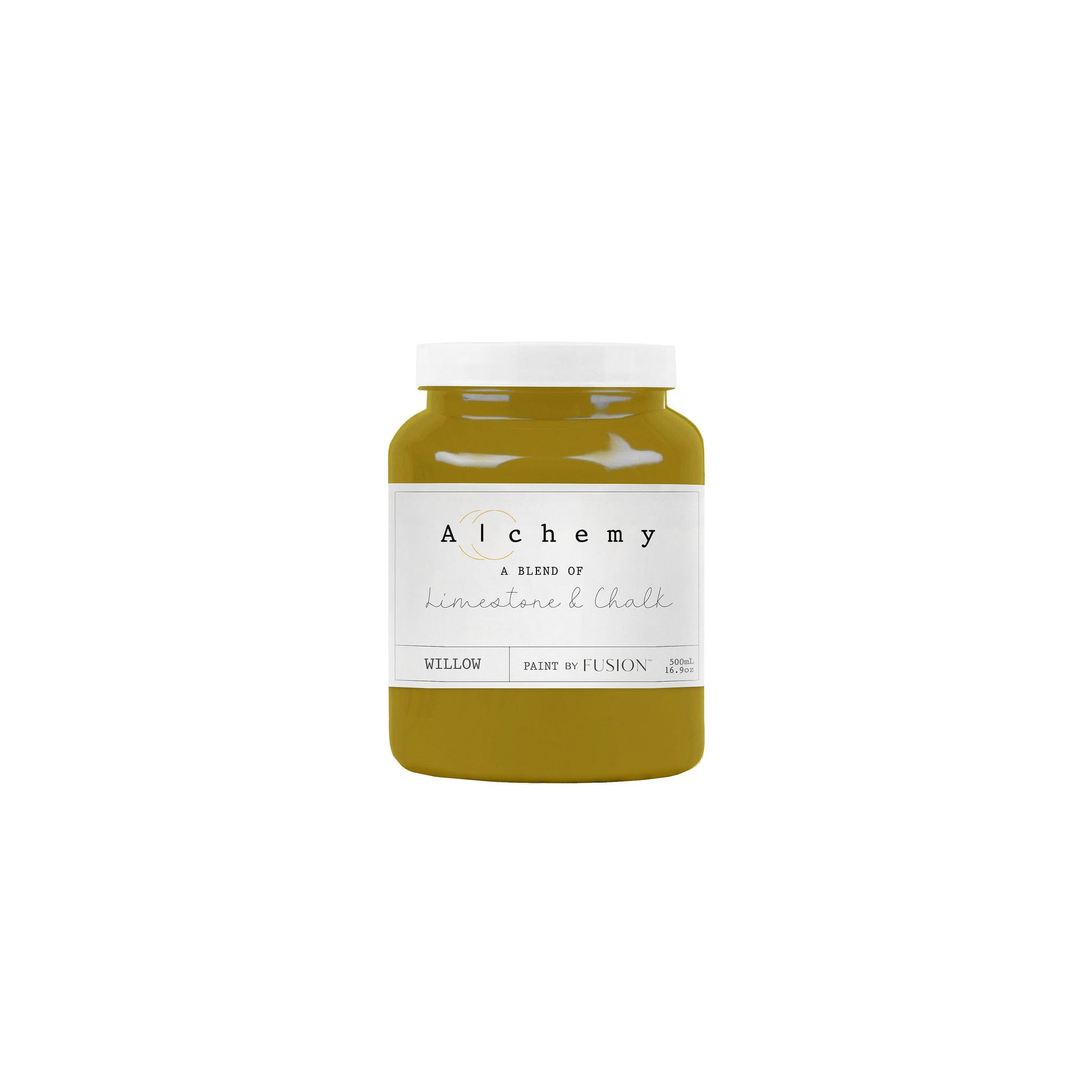 A jar of Alchemy by Fusion chalk paint in the color 'Willow', displaying the product label with white text on a yellow background.