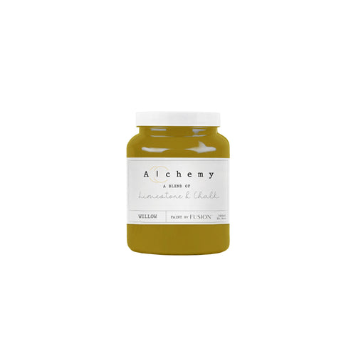 A jar of Alchemy by Fusion chalk paint in the color 'Willow', displaying the product label with white text on a yellow background.