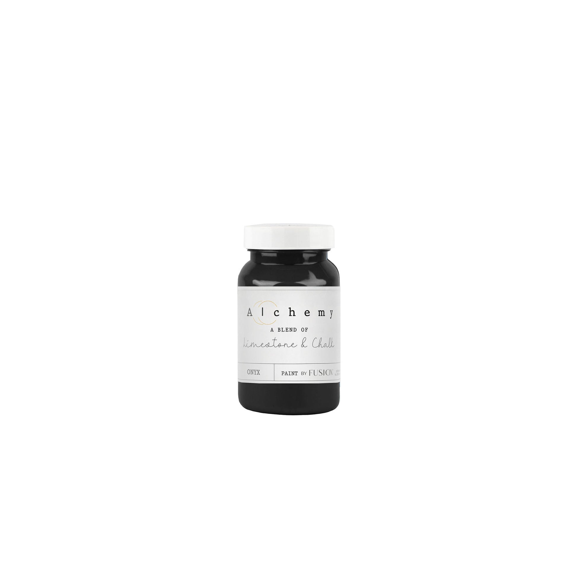 A jar of Alchemy by Fusion chalk paint in black color, with a white label.