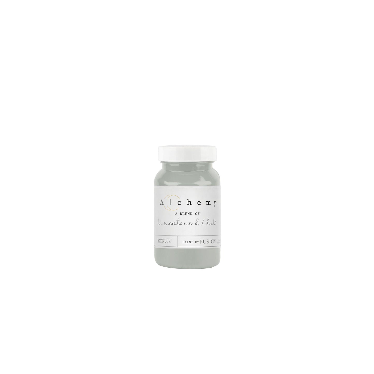 A jar of Alchemy by Fusion chalk paint in a gray color, with a label that includes the product name and the brand's logo.