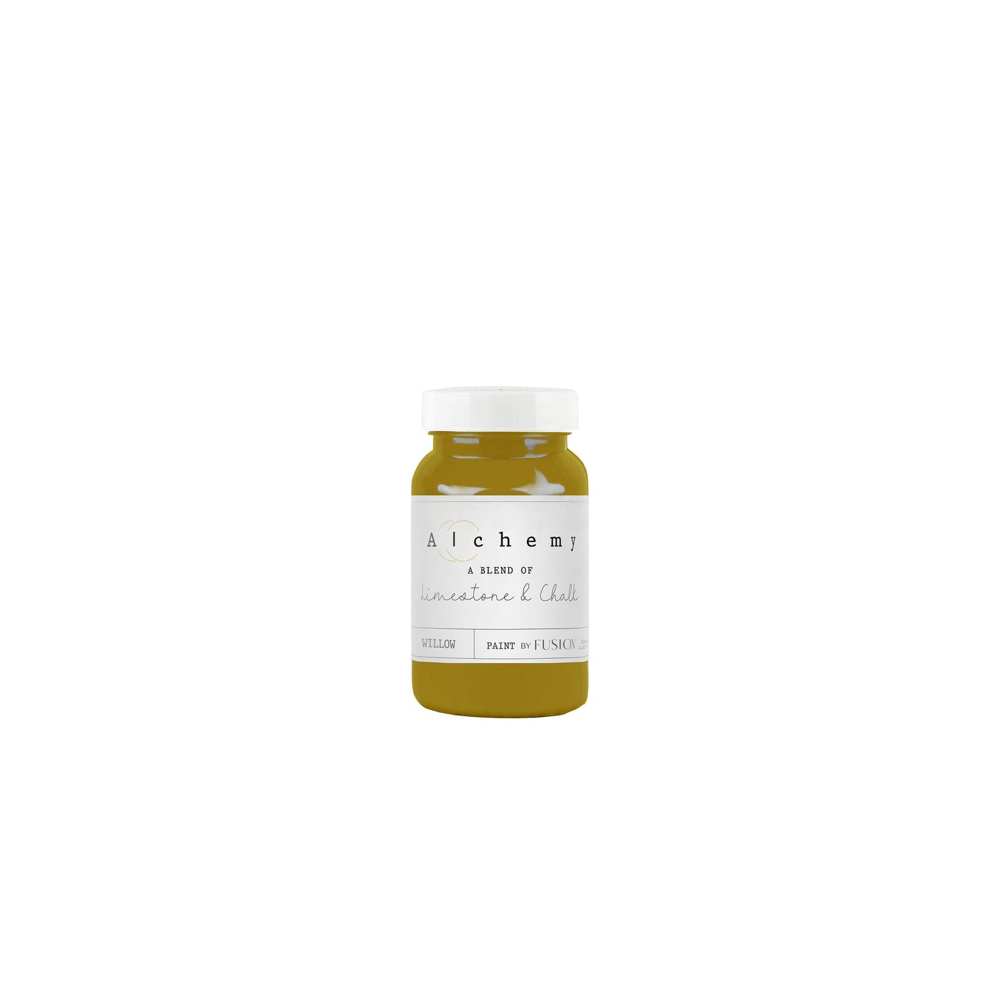 A jar of Alchemy by Fusion chalk paint in the color 'Willow', displaying the product label with white text on a yellow background.