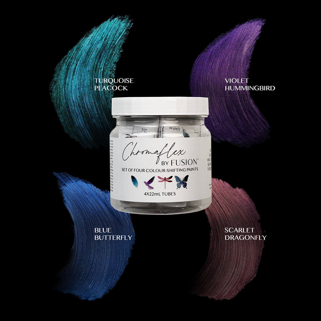 Jar of Chromaflex by Fusion paint with color swatches on a black background