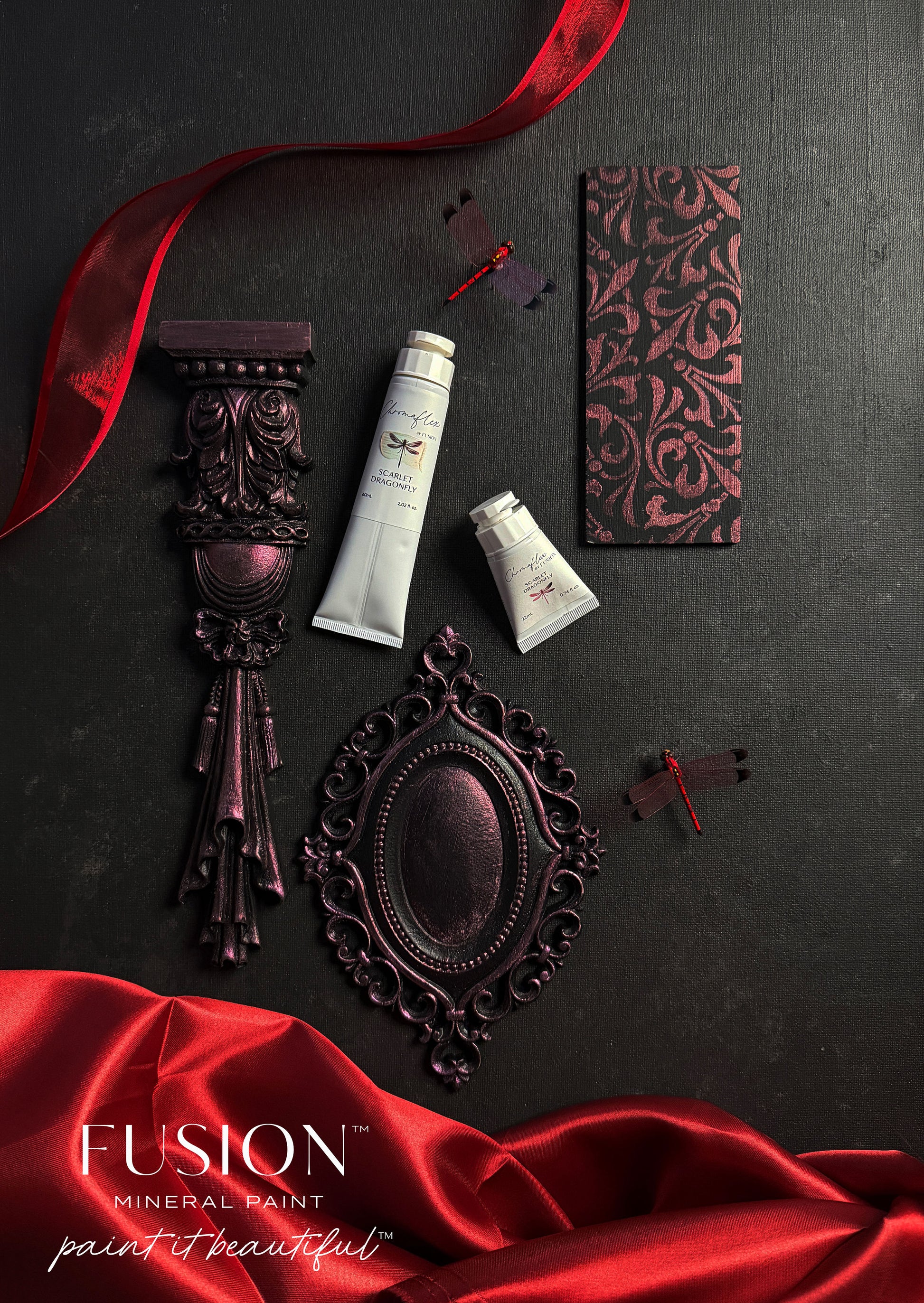 Fusion Mineral Paint with decorative elements on a dark surface