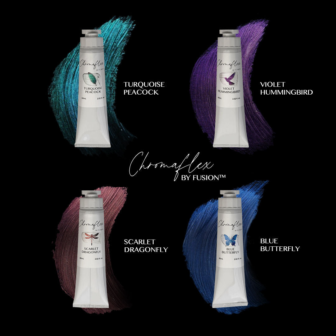 Four tubes of Chromaflex by Fusion hair color with color names and swatches on a black background